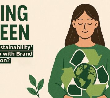 Illustration of a woman holding a recycling symbol with the Earth, promoting sustainable branding and green marketing practices.