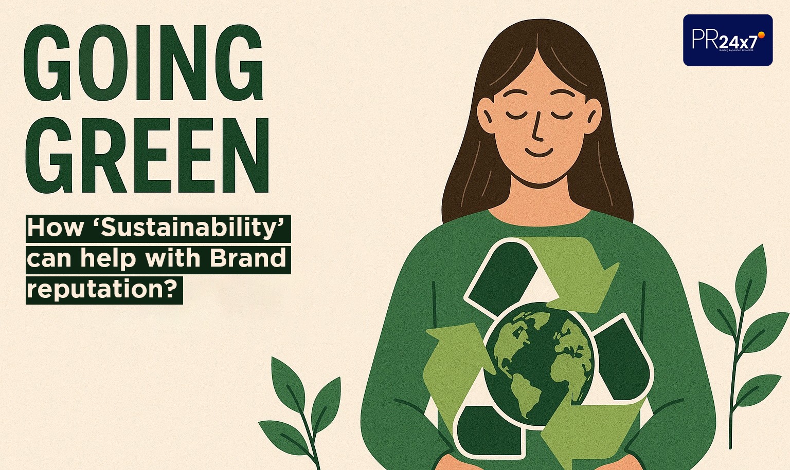 Illustration of a woman holding a recycling symbol with the Earth, promoting sustainable branding and green marketing practices.