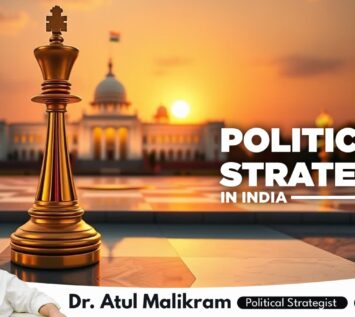 Political strategist in India Dr. Atul Malikram posing confidently with a golden king chess piece symbolizing strategic mastery against the Indian Parliament backdrop at sunset, highlighting political influence in India.