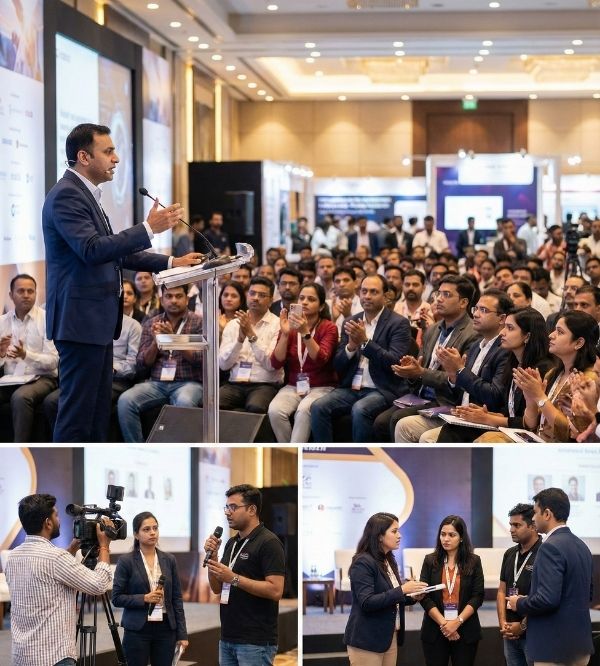 Indian event organizers, speakers, and media professionals at a large conference PR event showcasing public relations services
