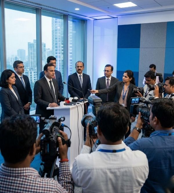 Indian corporate professionals and media engaging at a corporate press event representing corporate public relations services