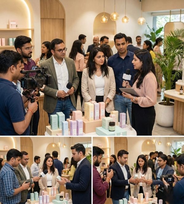 Indian consumer brand founders and media professionals at a product showcase event for D2C PR services