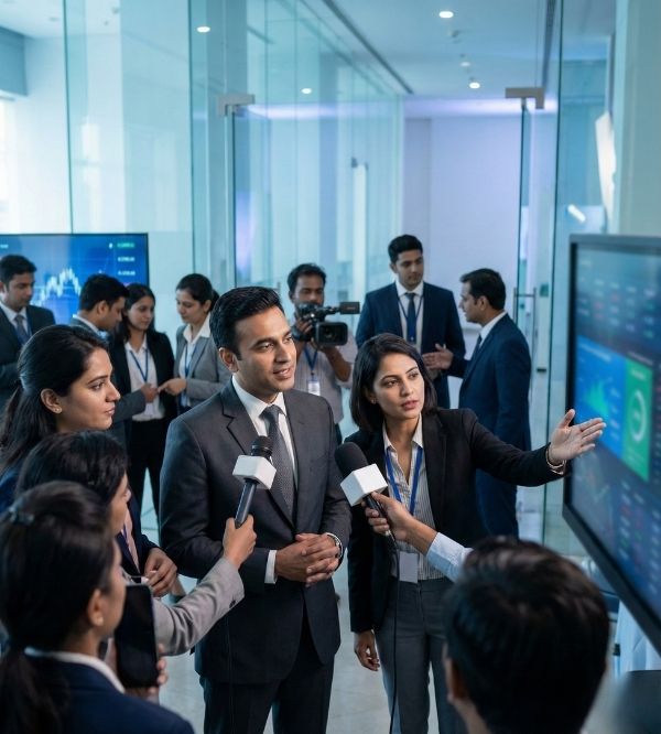 Indian fintech professionals and media experts engaging at a financial technology press event for fintech PR services