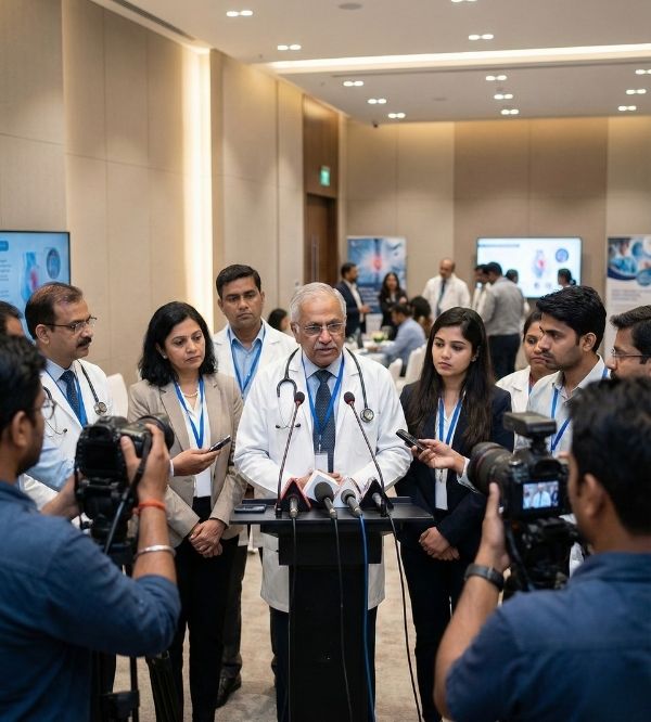 Indian healthcare professionals and media experts engaging at a healthcare press event for public relations services