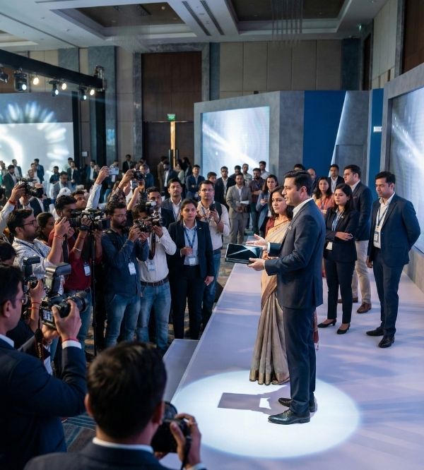 Indian product launch event with media professionals and PR experts capturing launch moments for a major brand announcement