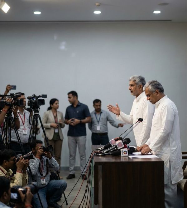 Indian political leaders and media professionals interacting at a political press event for election public relations services