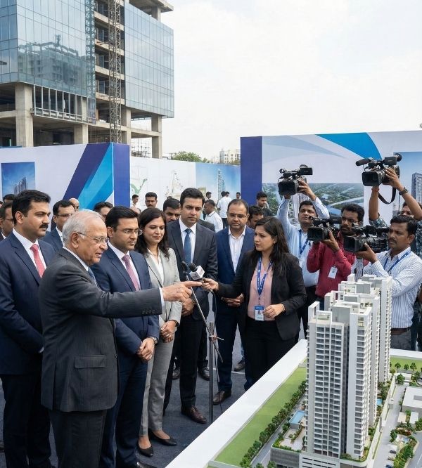 Indian real estate professionals and media engaging at a property launch event for infrastructure public relations services