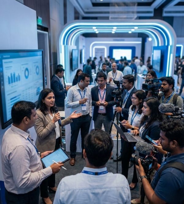 Indian tech professionals and media engaging at a SaaS tech product media event for public relations services
