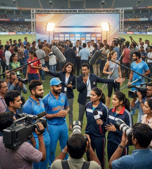 Indian athletes interacting with sports journalists and PR professionals during a high-profile sports media engagement