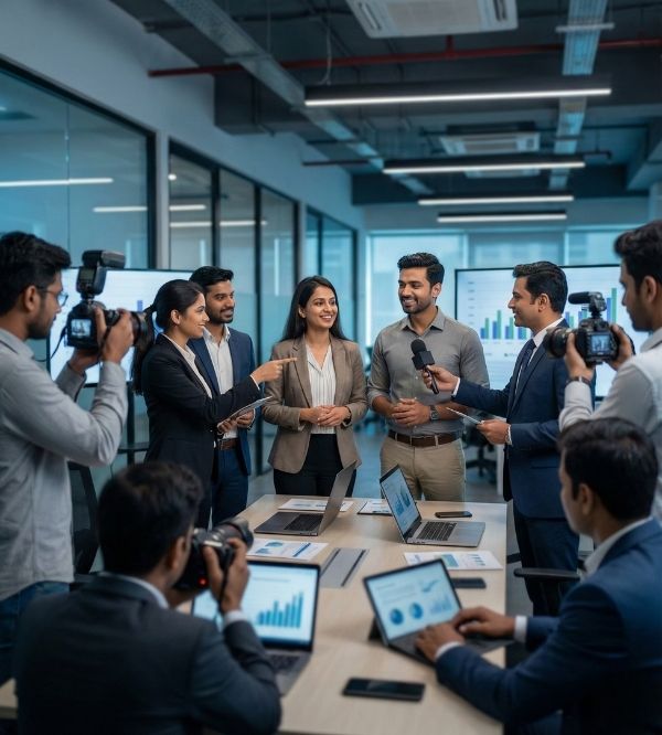 Indian startup founders and media professionals engaging in a dynamic press and PR event for startup PR services