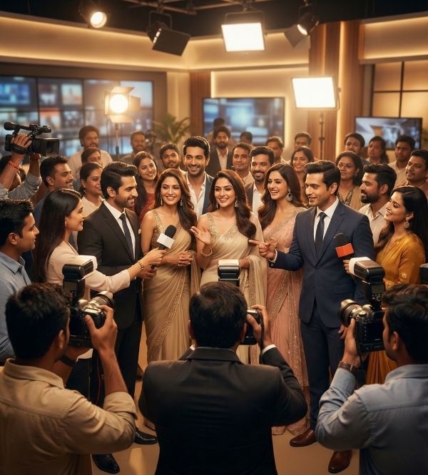 Many Indian TV artists and media professionals interacting at a celebrity press engagement for television PR services
